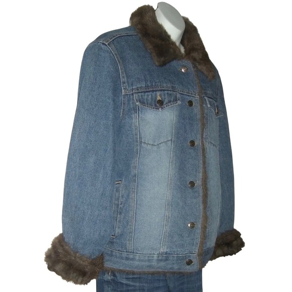 Vintage 90's Denim Jacket Faux Fur Penny Lane Fully Lined y2k Jean Coat Boho L - Picture 6 of 16